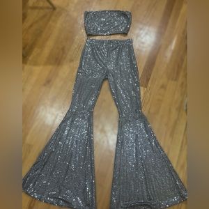 Silver sequin Bandeau top and Flare pants set
